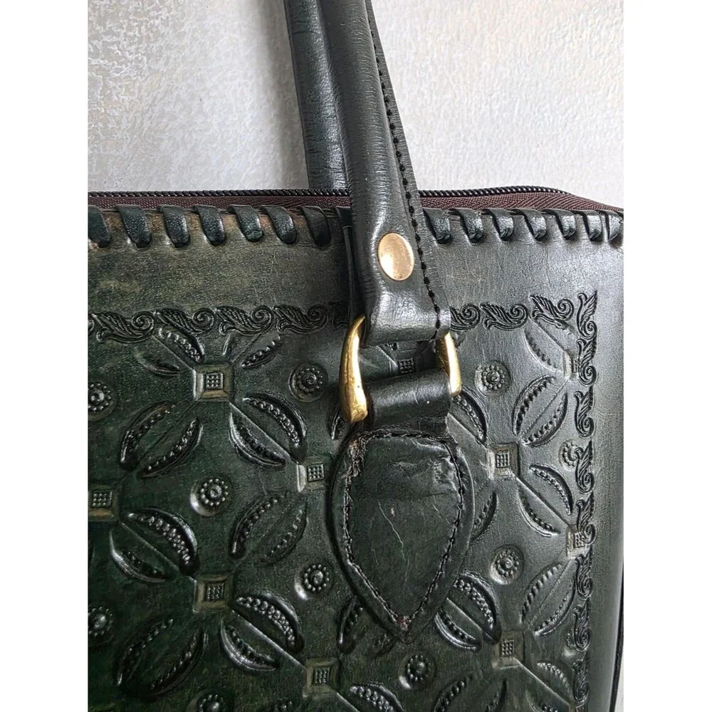 Vtg Green Hand Tooled Whipstitch Trim Tote Shoulder Bag Structured 12x14x4